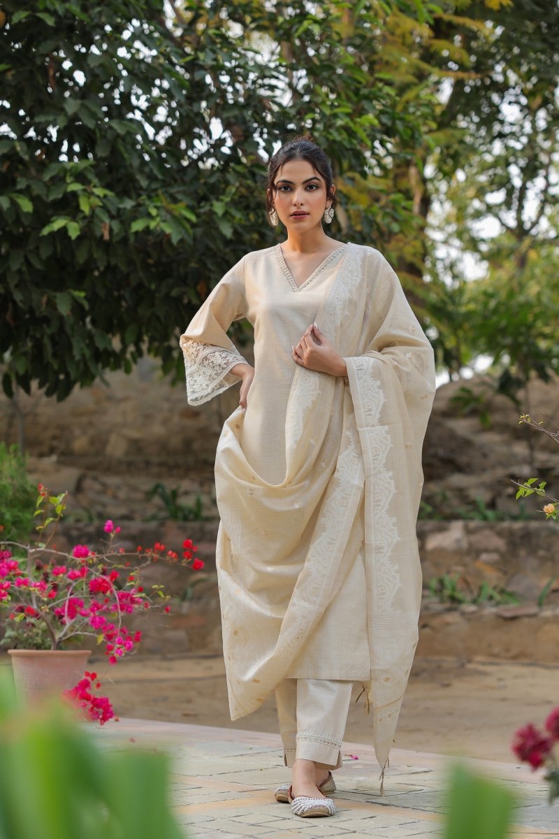 PAYAL Jamdani Beige Kurta Suit Set with Floral Embroidery - Payal