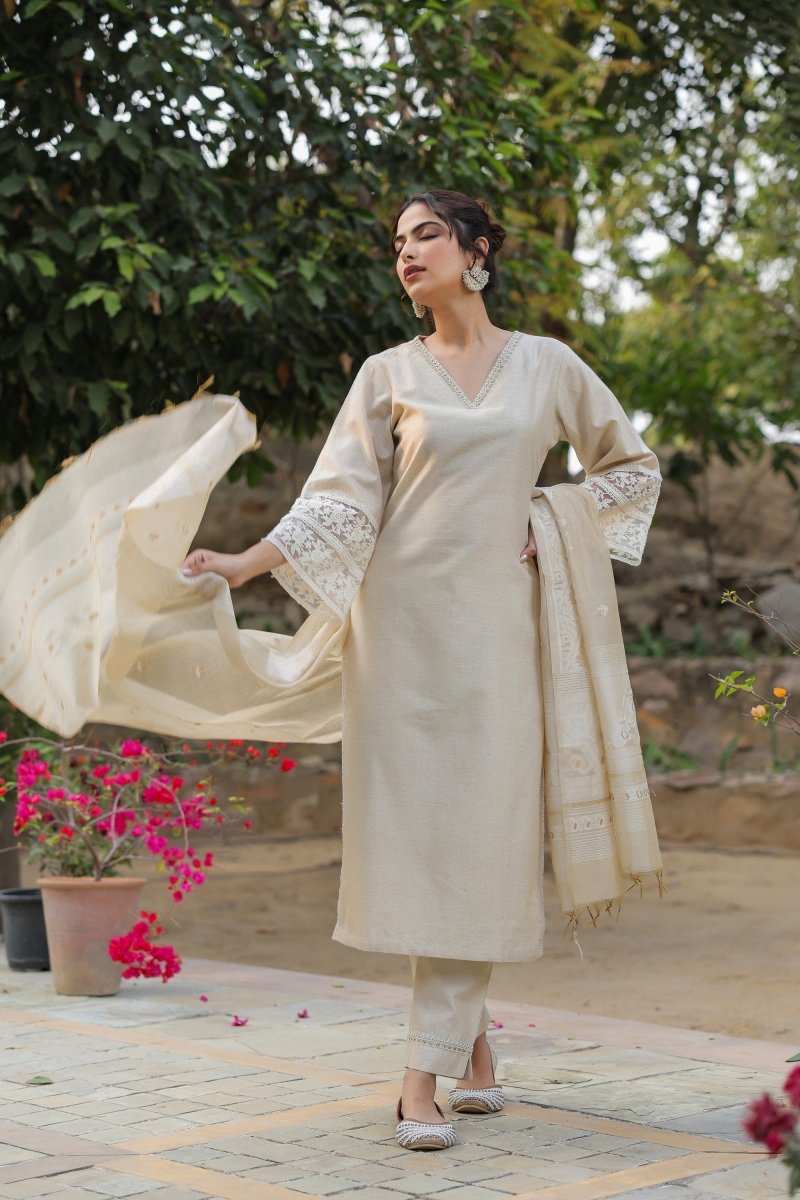 PAYAL Jamdani Beige Kurta Suit Set with Floral Embroidery - Payal
