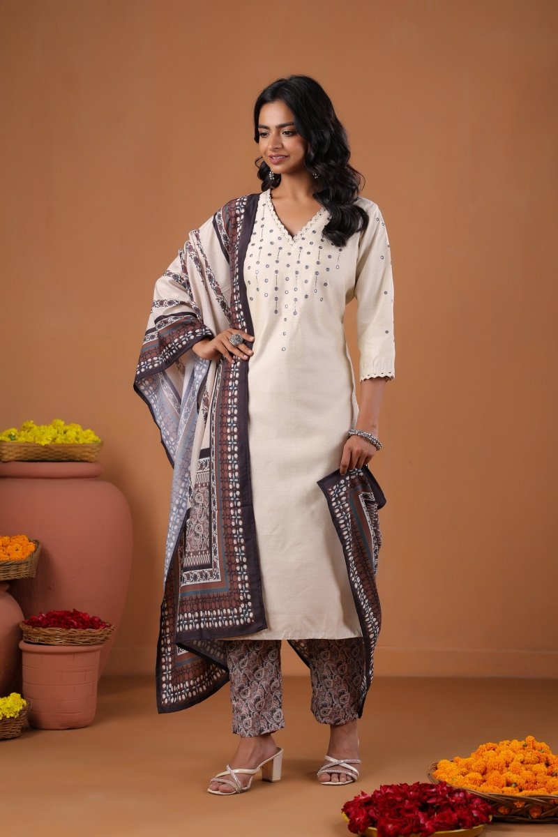 PAYAL Light Cream Kurta Suit Set with Khat Embroidery Detailing - Payal