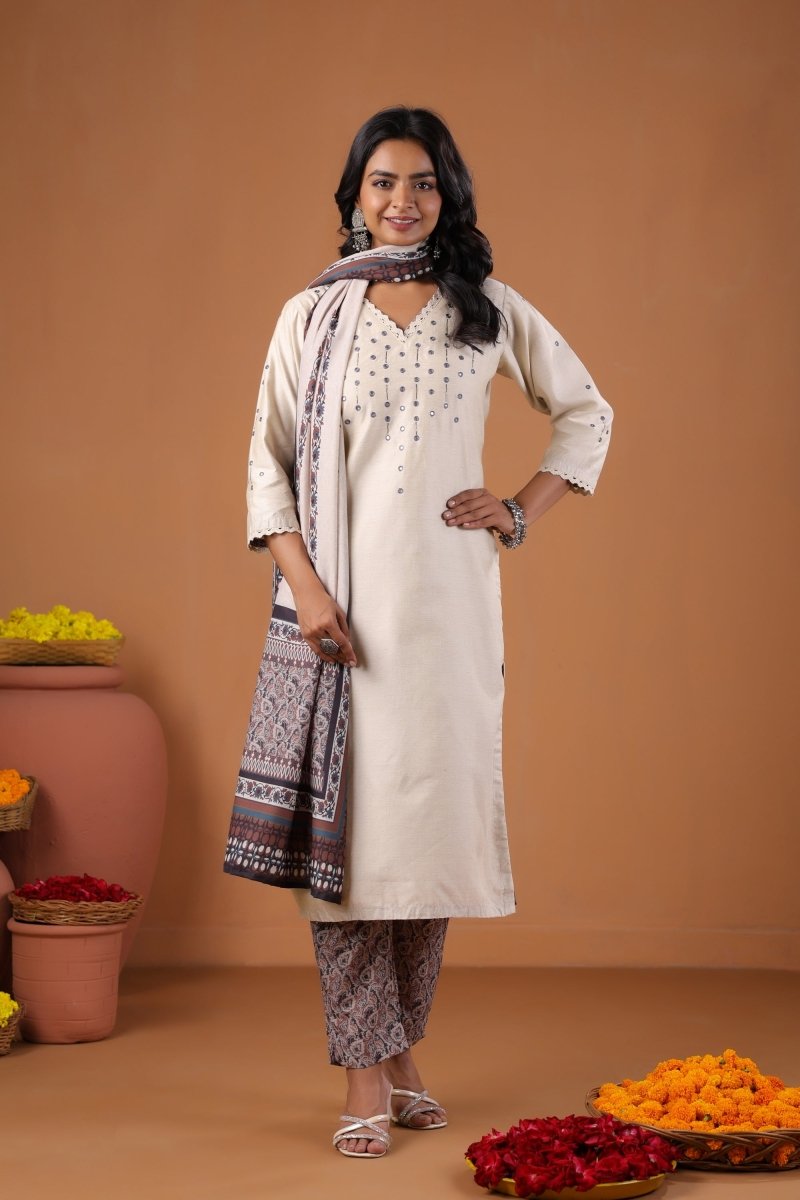 PAYAL Light Cream Kurta Suit Set with Khat Embroidery Detailing - Payal