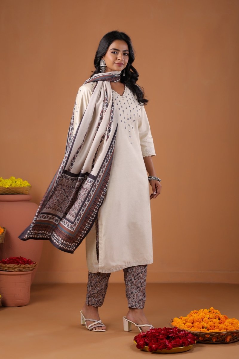 PAYAL Light Cream Kurta Suit Set with Khat Embroidery Detailing - Payal
