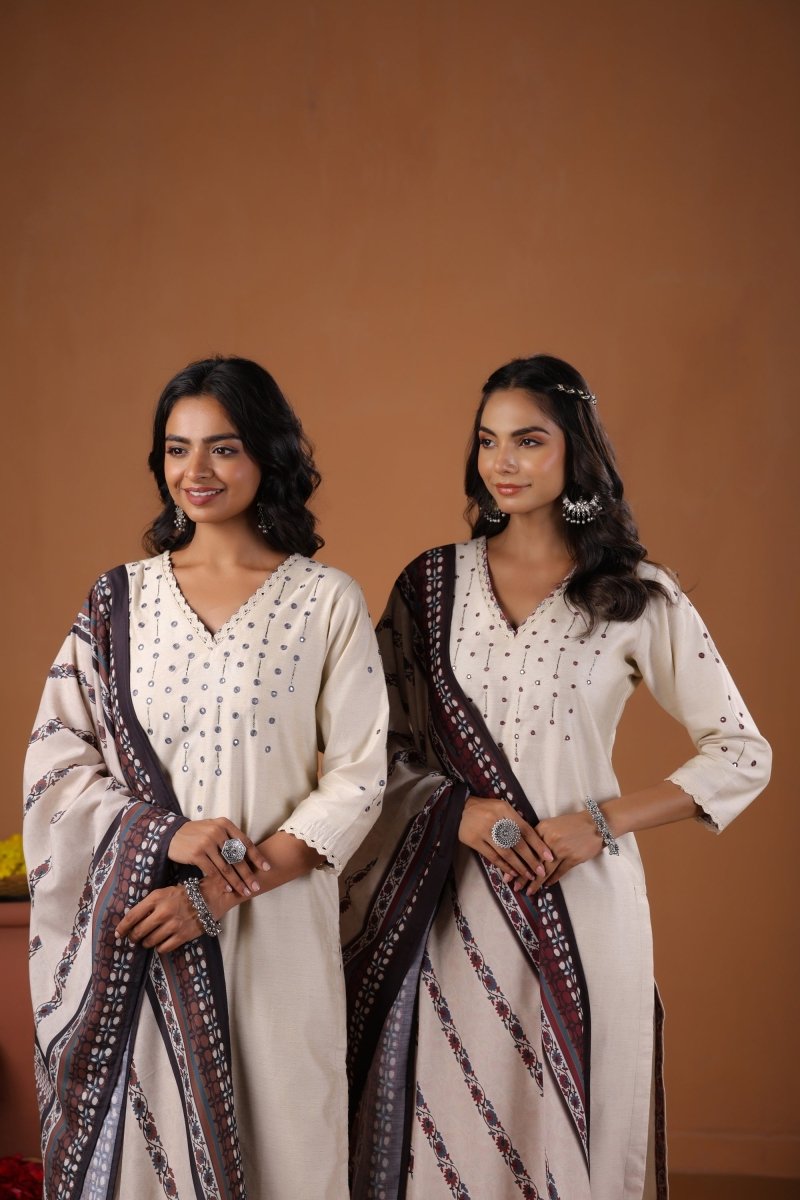 PAYAL Light Cream Kurta Suit Set with Khat Embroidery Detailing - Payal