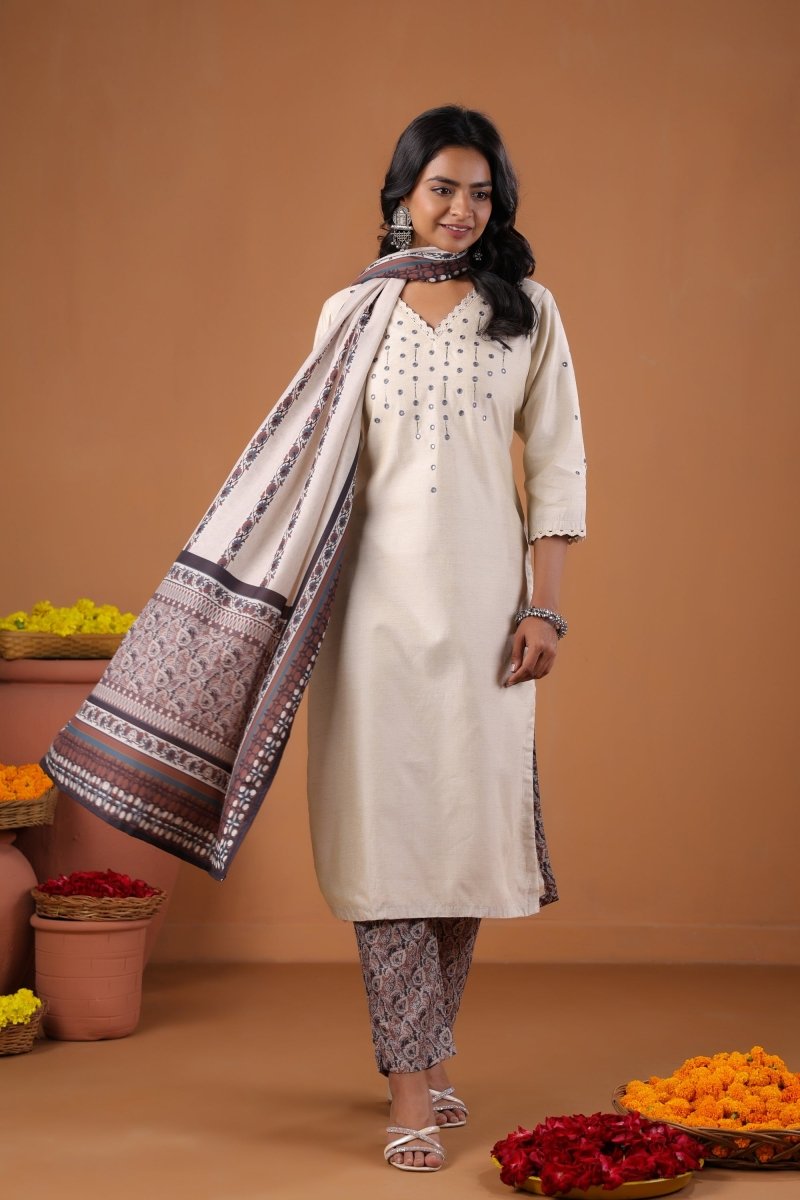 PAYAL Light Cream Kurta Suit Set with Khat Embroidery Detailing - Payal