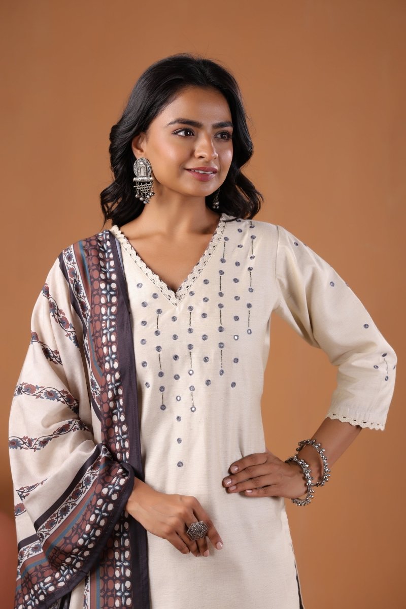 PAYAL Light Cream Kurta Suit Set with Khat Embroidery Detailing - Payal