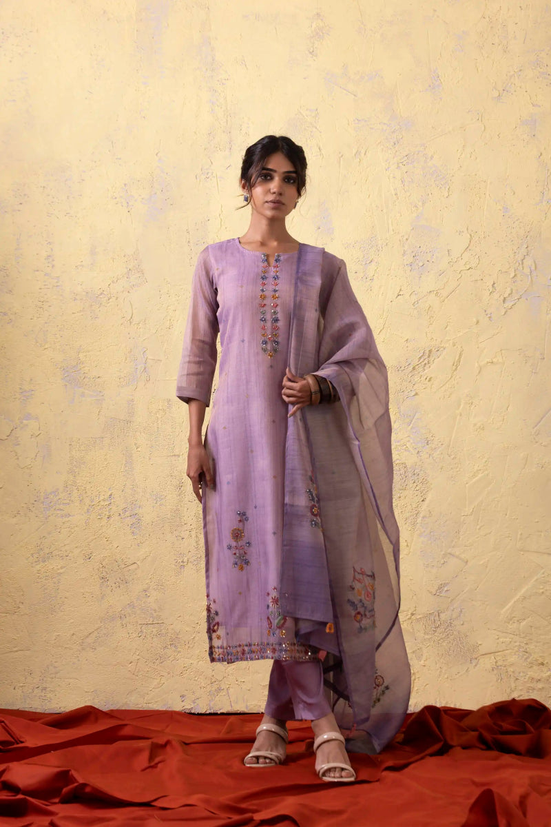 PAYAL Lilac Kurta Suit Set with Khat Work Detailing - Payal
