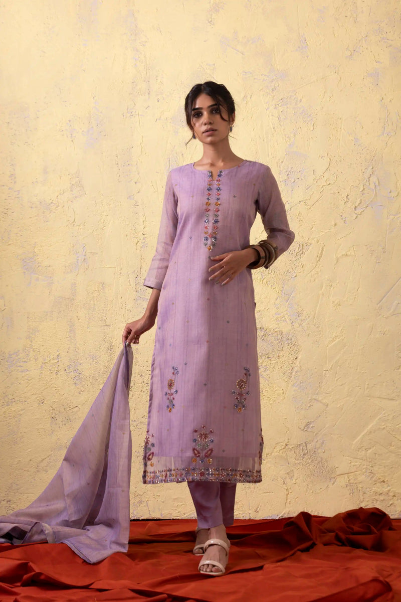 PAYAL Lilac Kurta Suit Set with Khat Work Detailing - Payal