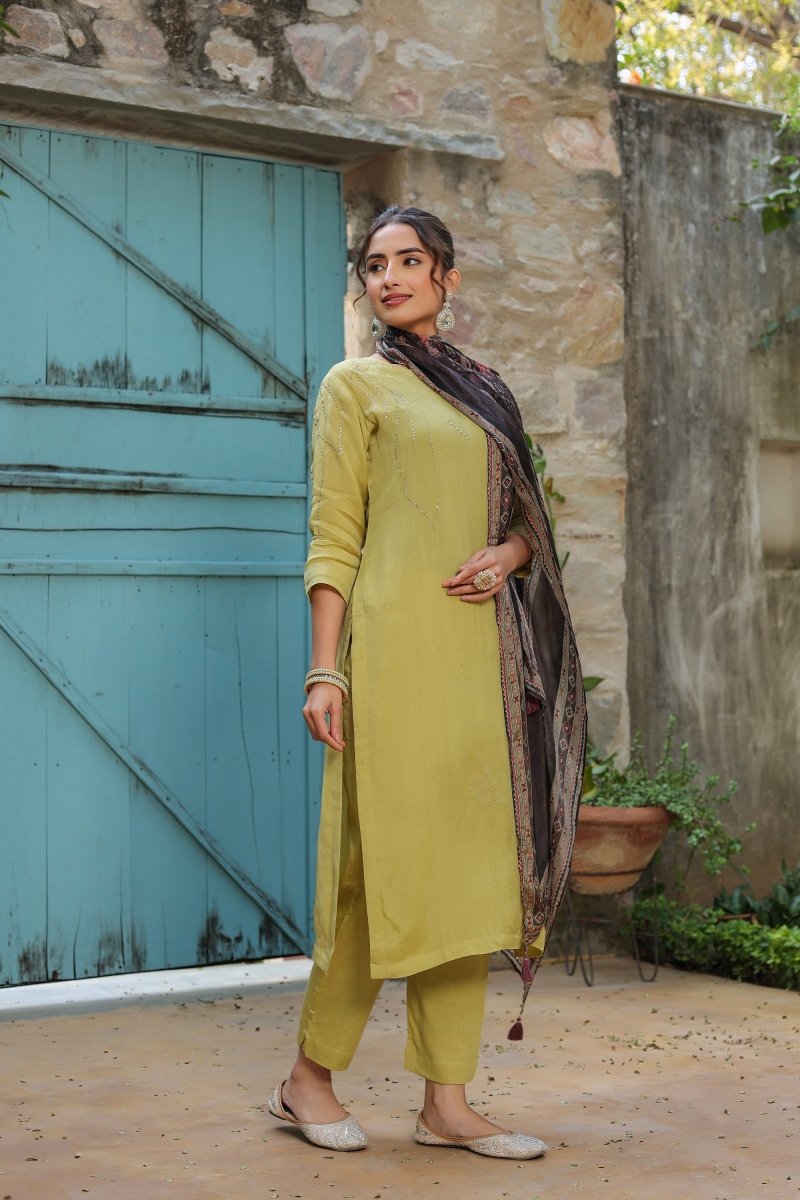 PAYAL Lime Yellow Kurta Suit Set with Deatiled Mukesh Embroidery - Payal