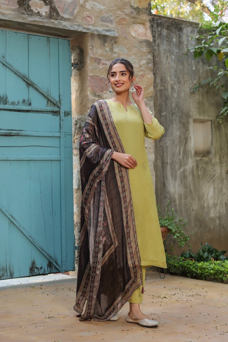 PAYAL Lime Yellow Kurta Suit Set with Deatiled Mukesh Embroidery - Payal