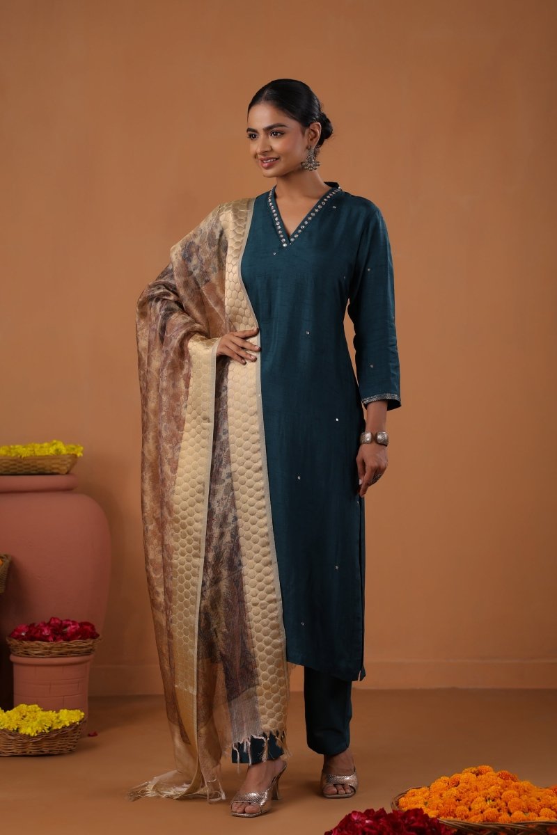 PAYAL Navy Blue Kurta Suit Set with Printed Organza Dupatta - Payal