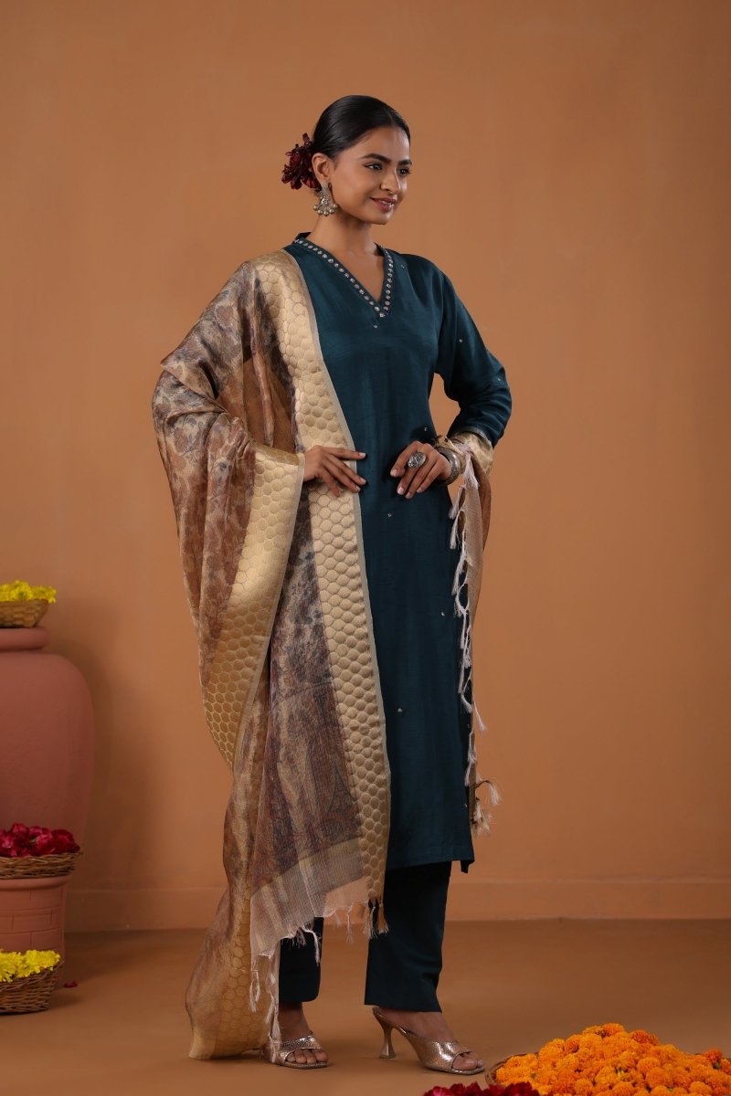 PAYAL Navy Blue Kurta Suit Set with Printed Organza Dupatta - Payal
