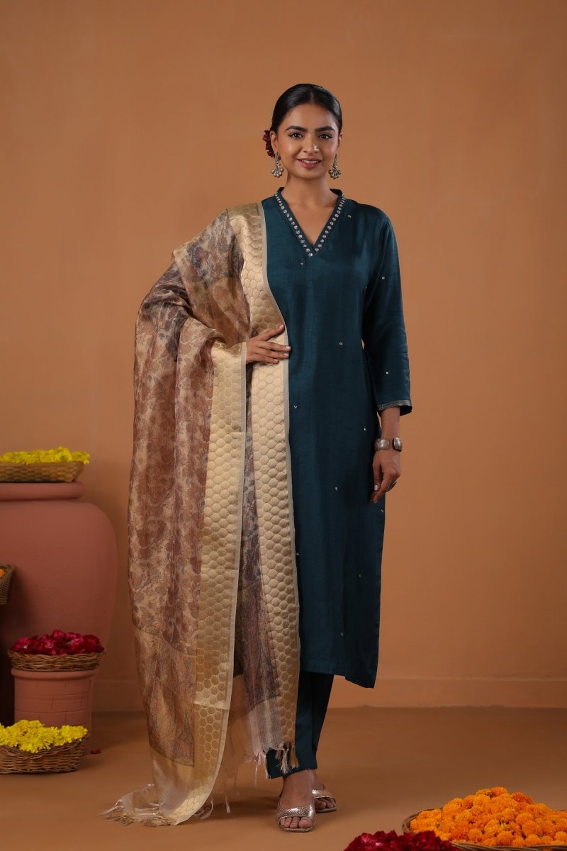 PAYAL Navy Blue Kurta Suit Set with Printed Organza Dupatta - Payal