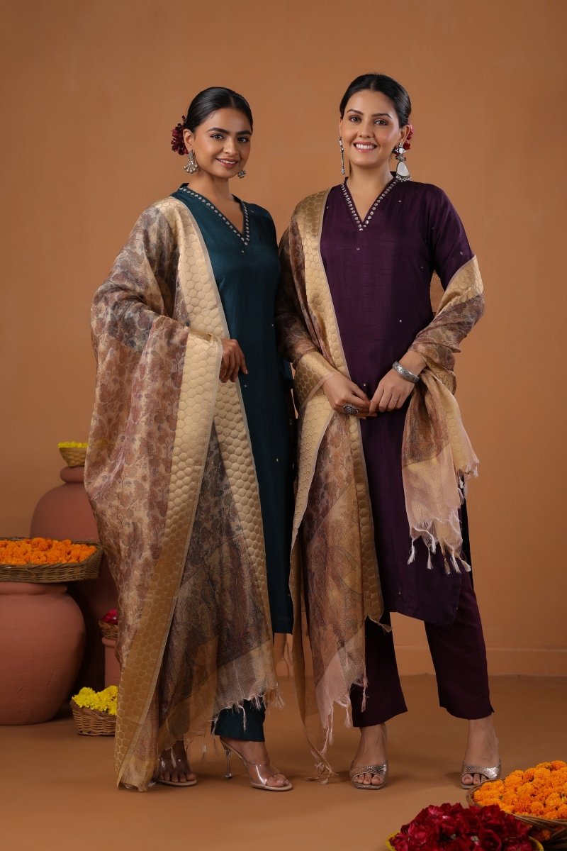 PAYAL Navy Blue Kurta Suit Set with Printed Organza Dupatta - Payal