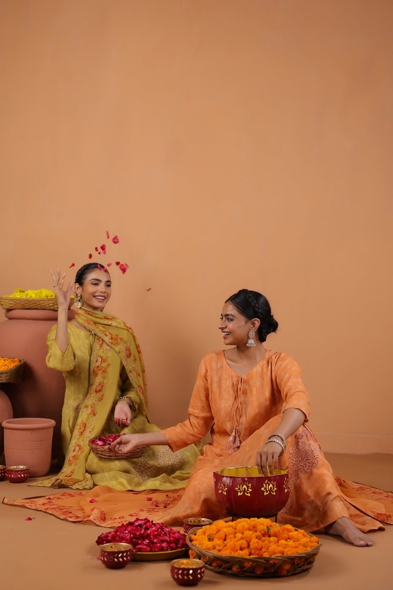 PAYAL Ochre Kalidar Festive Suit Set with Print & Embroidery Detailing - Payal