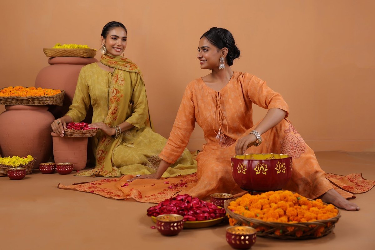 PAYAL Ochre Kalidar Festive Suit Set with Print & Embroidery Detailing - Payal