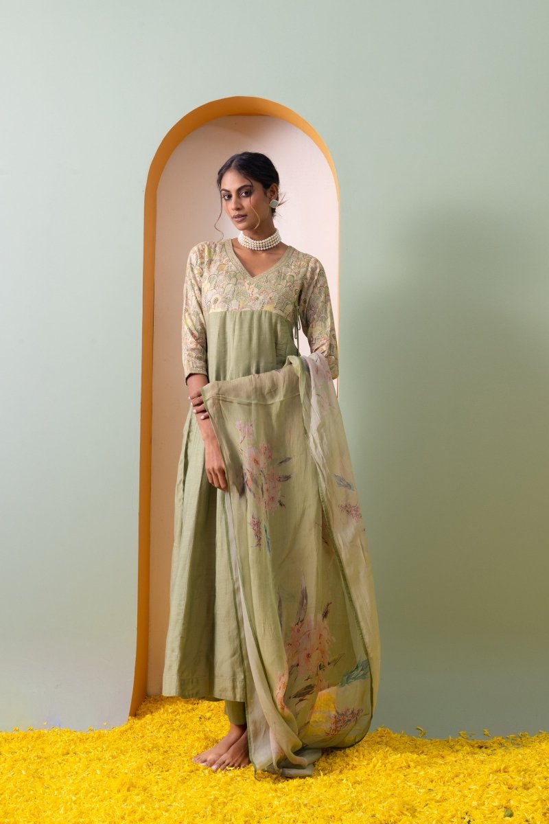 PAYAL Olive Green Kalidar Suit Set with Printed Organza Dupatta - Payal
