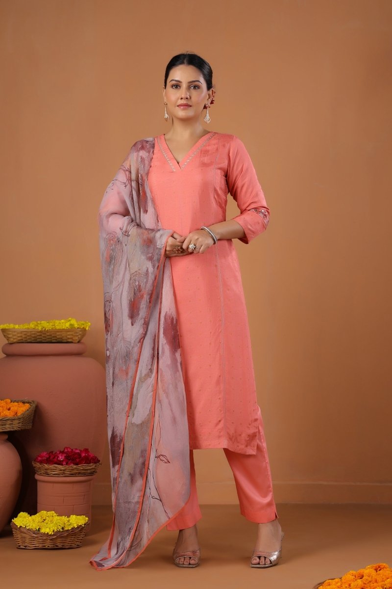 PAYAL Peach Kurt Suit Set with delicate khat Design - Payal