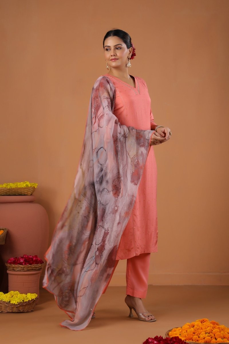 PAYAL Peach Kurt Suit Set with delicate khat Design - Payal