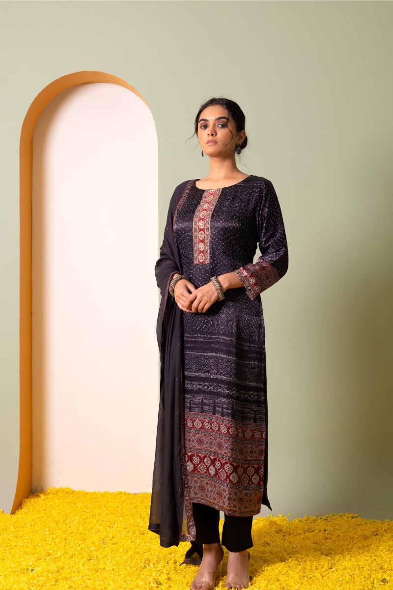 PAYAL Raven Black Kurta Suit Set with Delicate Khat Embroidery - Payal