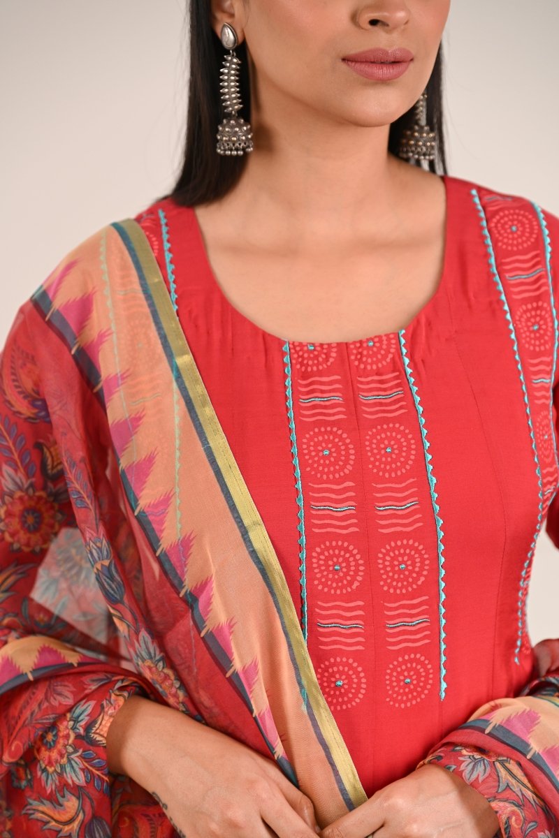 PAYAL Red Malmal Anarkali Suit Set with Block Print Detailing - Payal