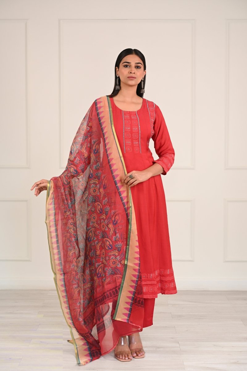 PAYAL Red Malmal Anarkali Suit Set with Block Print Detailing - Payal