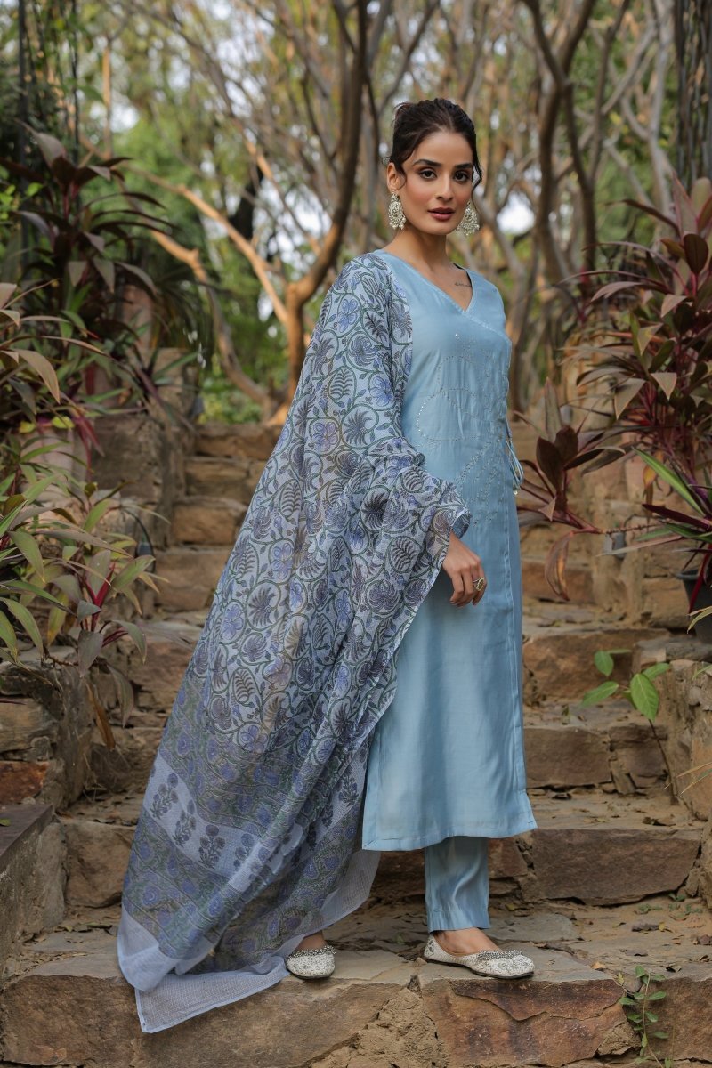PAYAL Sky Blue Kurta Suit Set with Mukesh Embroidery - Payal