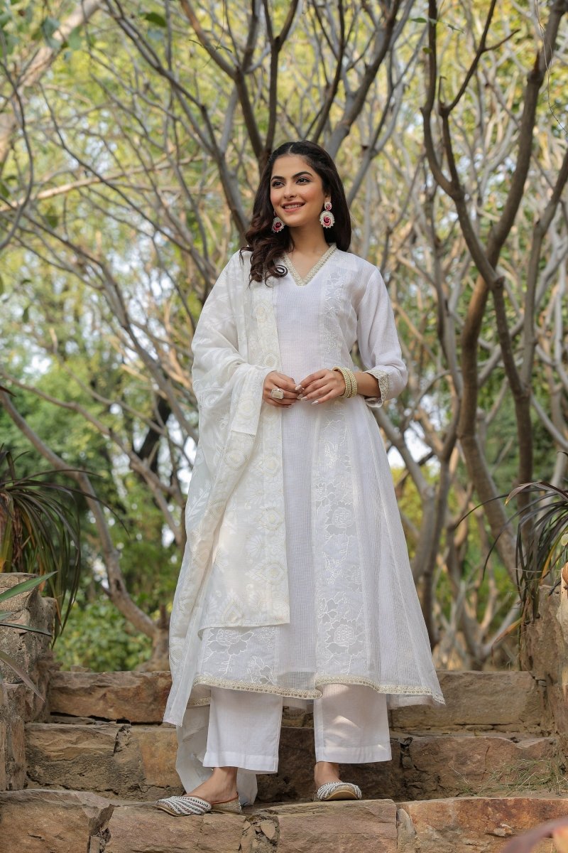 PAYAL White Cotton Kurta Suit Set with Detailed Dupatta - Payal
