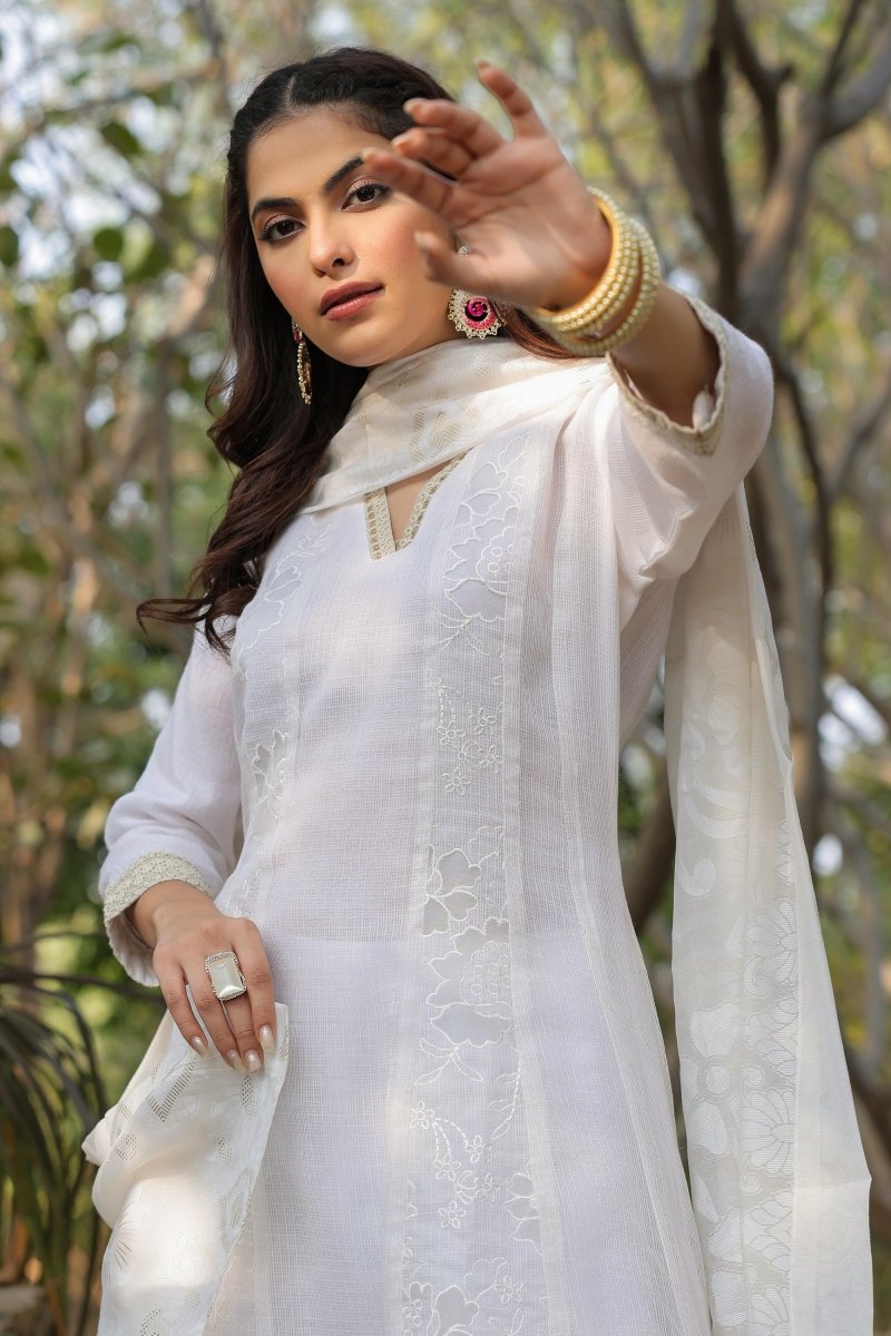 PAYAL White Cotton Kurta Suit Set with Detailed Dupatta - Payal