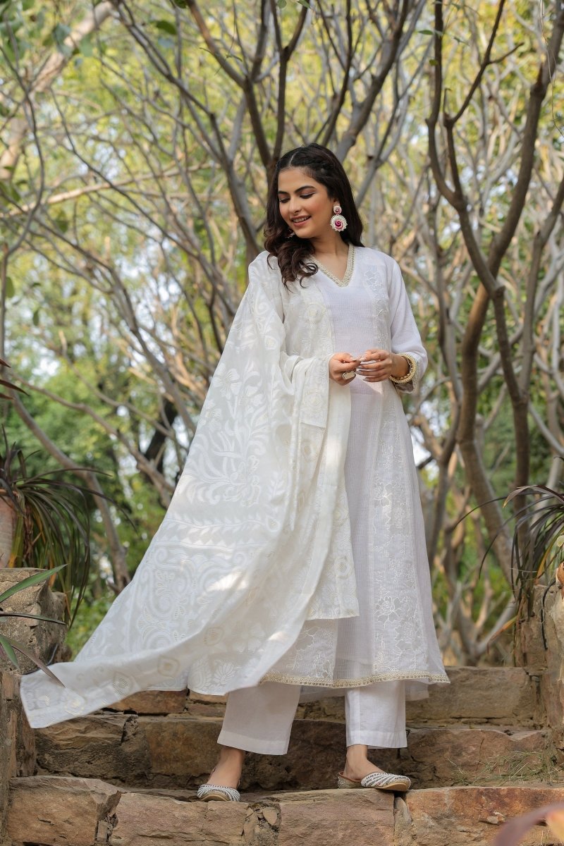 PAYAL White Cotton Kurta Suit Set with Detailed Dupatta - Payal
