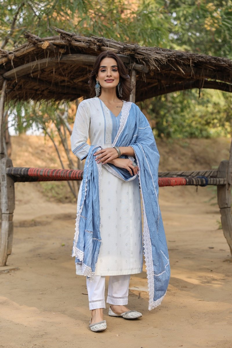 PAYAL White Kurta Suit Set with Jacquard Weaving - Payal