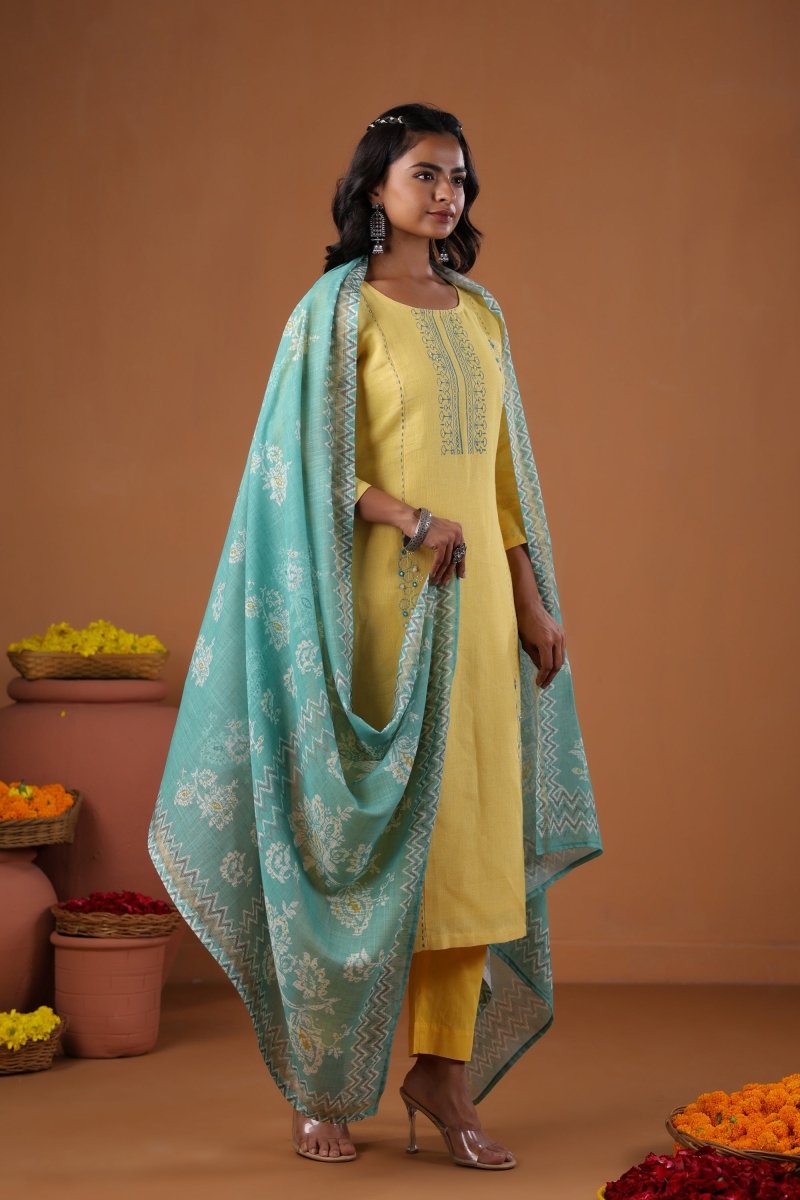 PAYAL Yellow Kurta Suit Set in Block Print - Payal