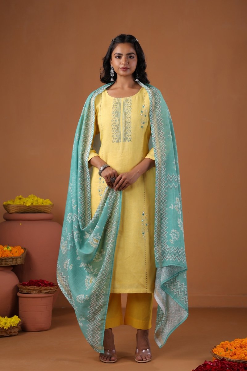PAYAL Yellow Kurta Suit Set in Block Print - Payal