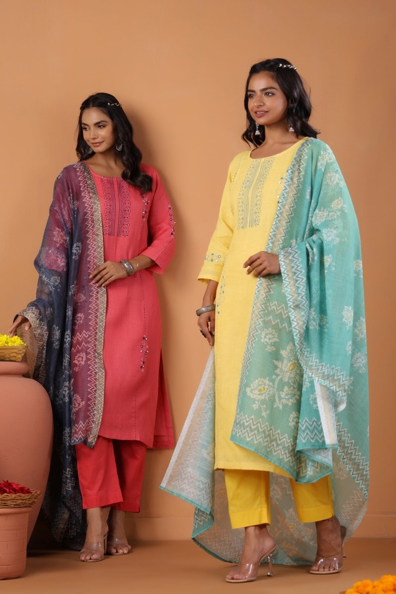 PAYAL Yellow Kurta Suit Set in Block Print - Payal