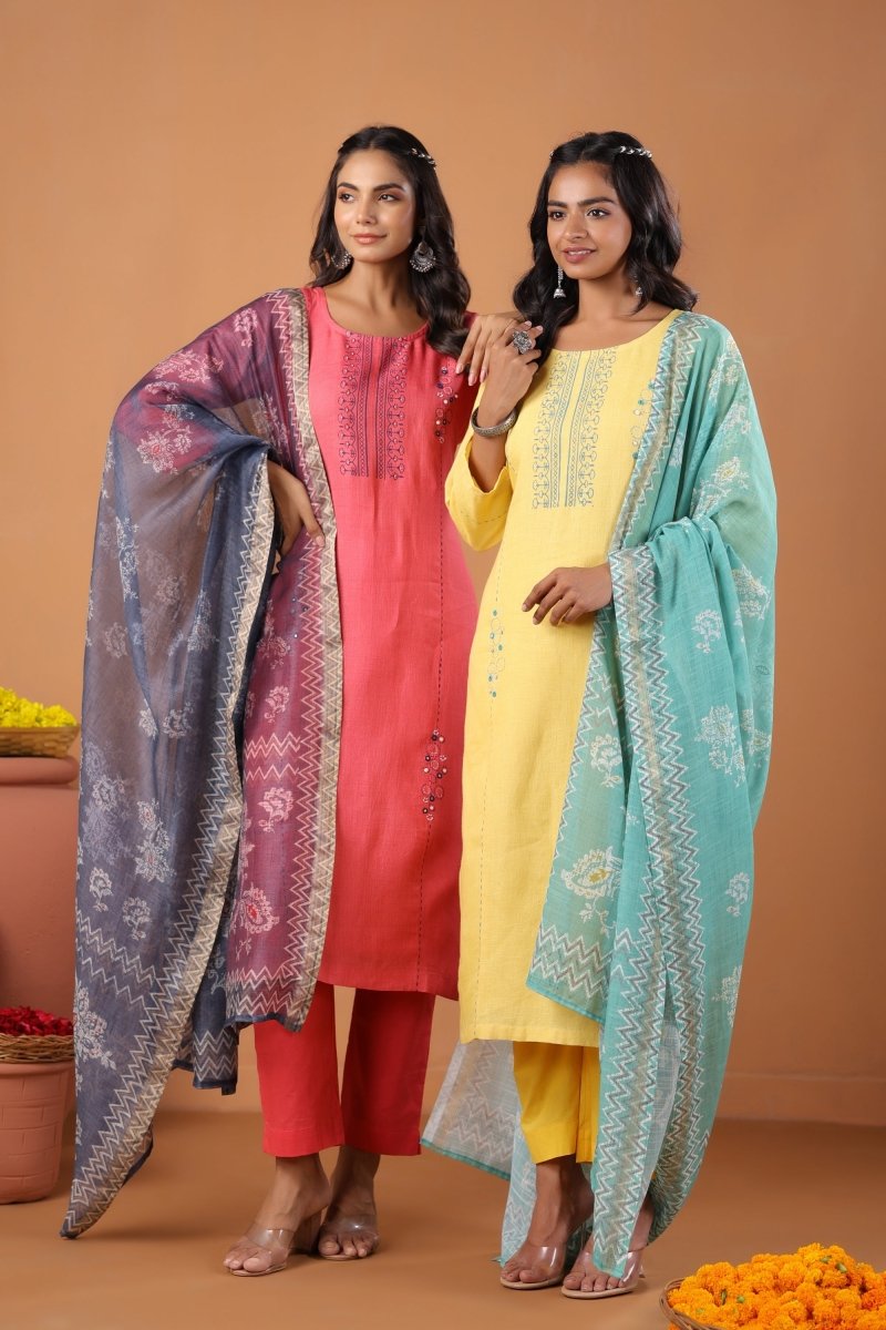 PAYAL Yellow Kurta Suit Set in Block Print - Payal