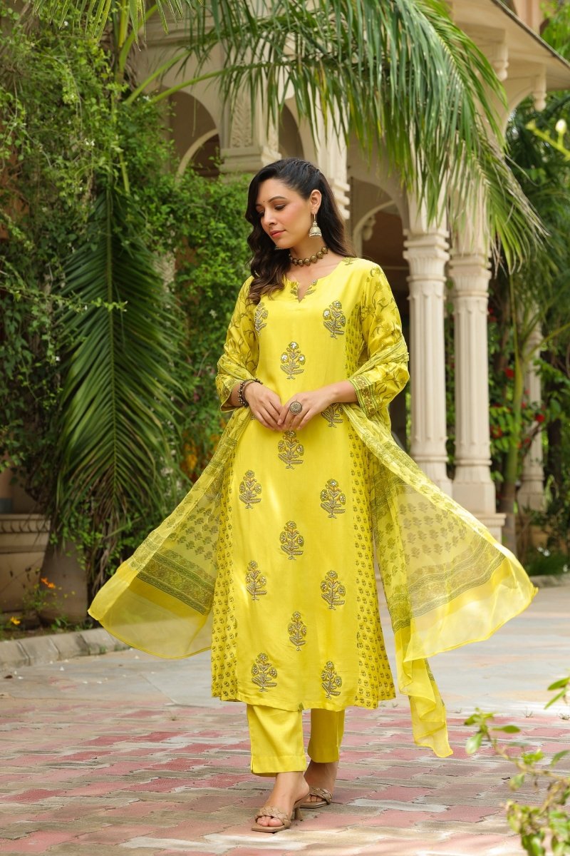 PAYAL Yellow Mal Cotton Suit Set with Intricate Detailing - Payal