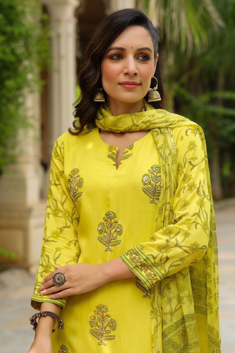 PAYAL Yellow Mal Cotton Suit Set with Intricate Detailing - Payal