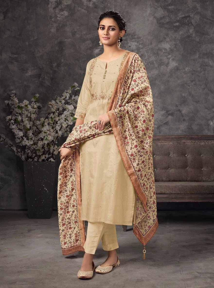 Biscuit Tusser Straight Suit Set - Payal