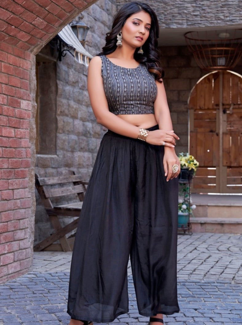 Black Muslin Crop-top Set With Separate Jacket - Payal