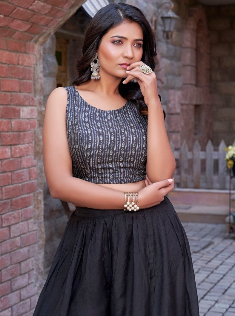 Black Muslin Crop-top Set With Separate Jacket - Payal