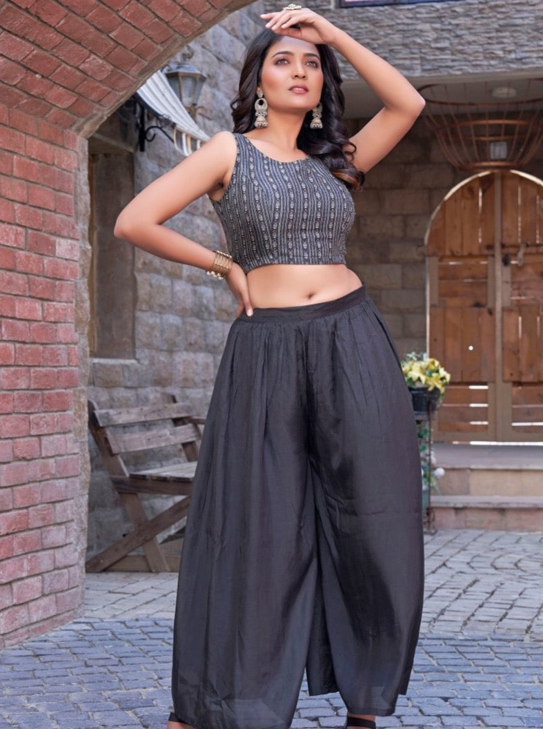 Black Muslin Crop-top Set With Separate Jacket - Payal