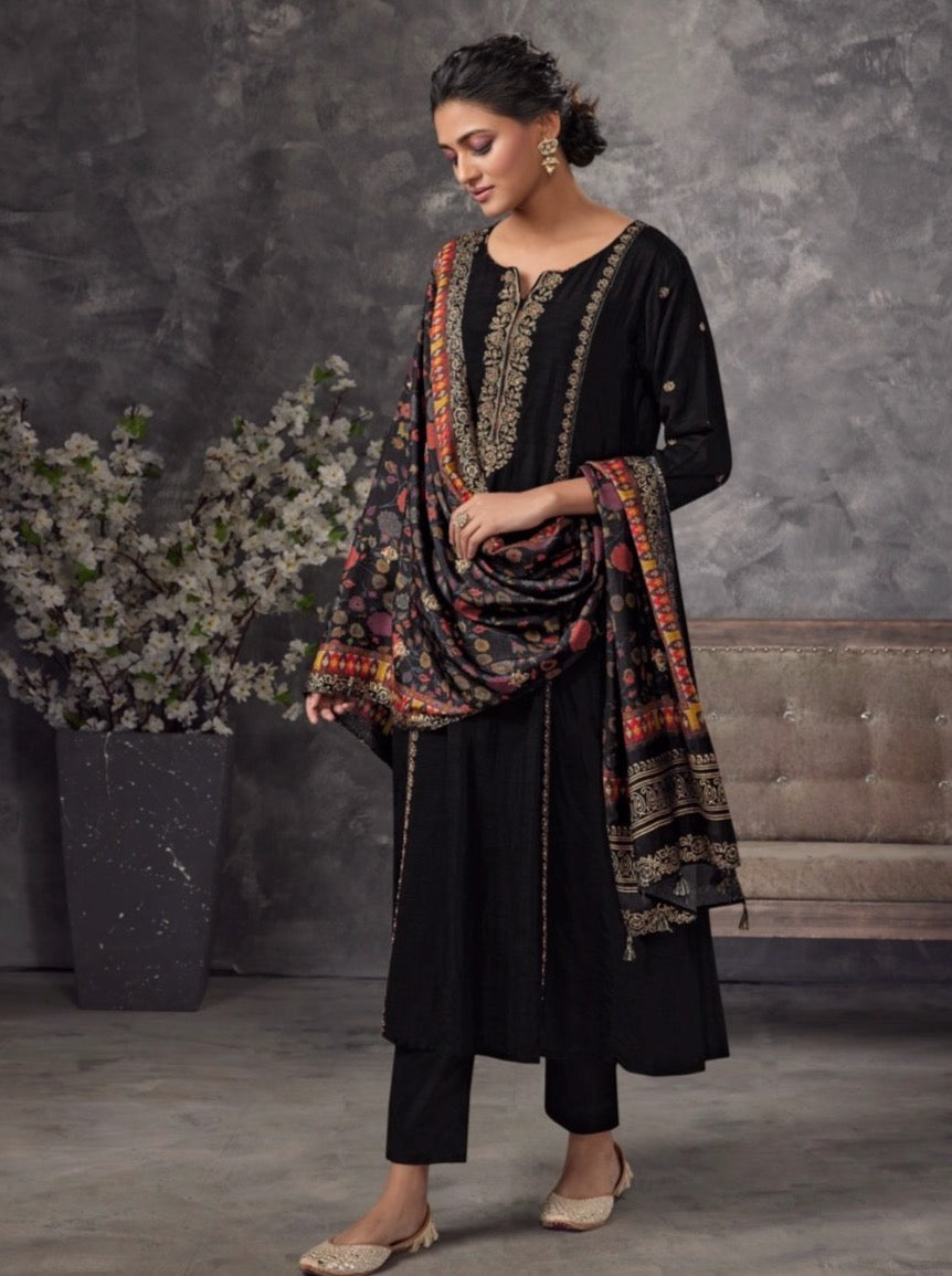 Black Silk Aline Suit Set - Payal