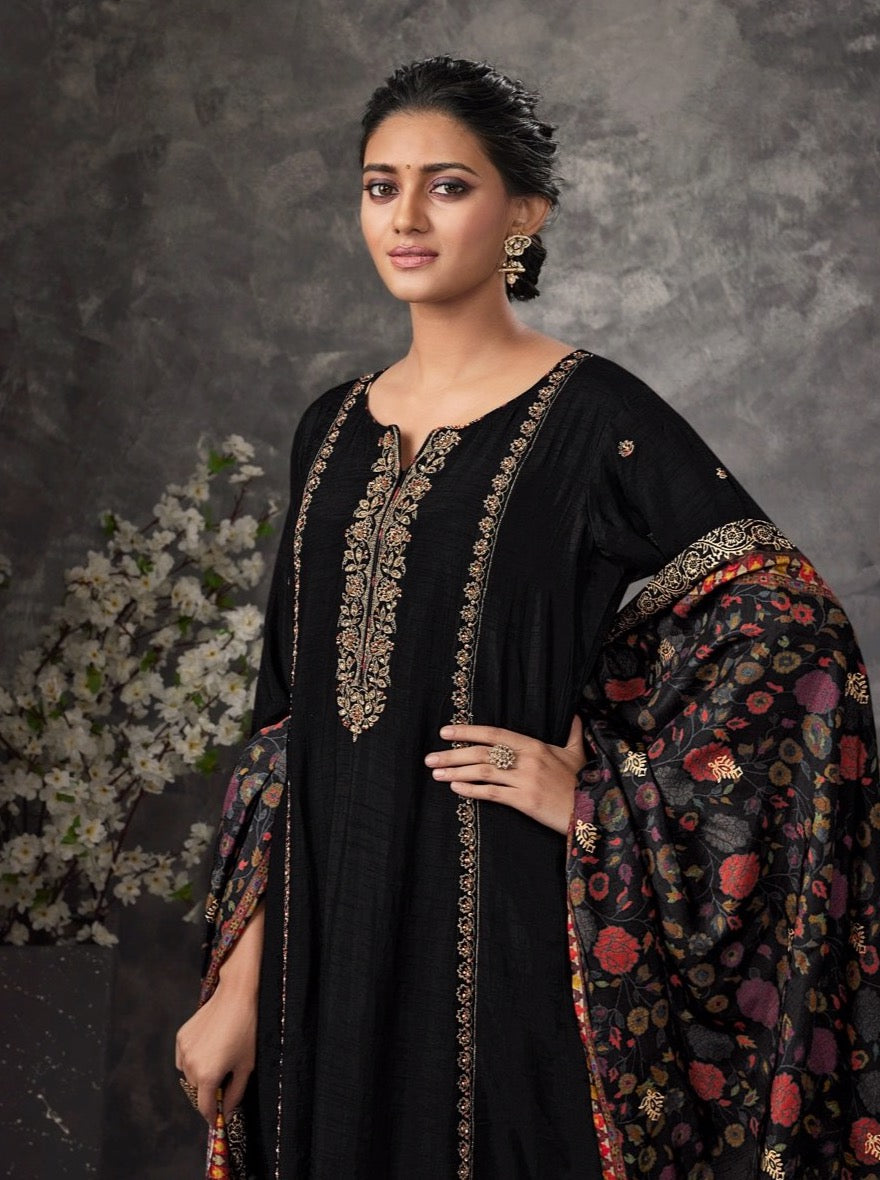 Black Silk Aline Suit Set - Payal