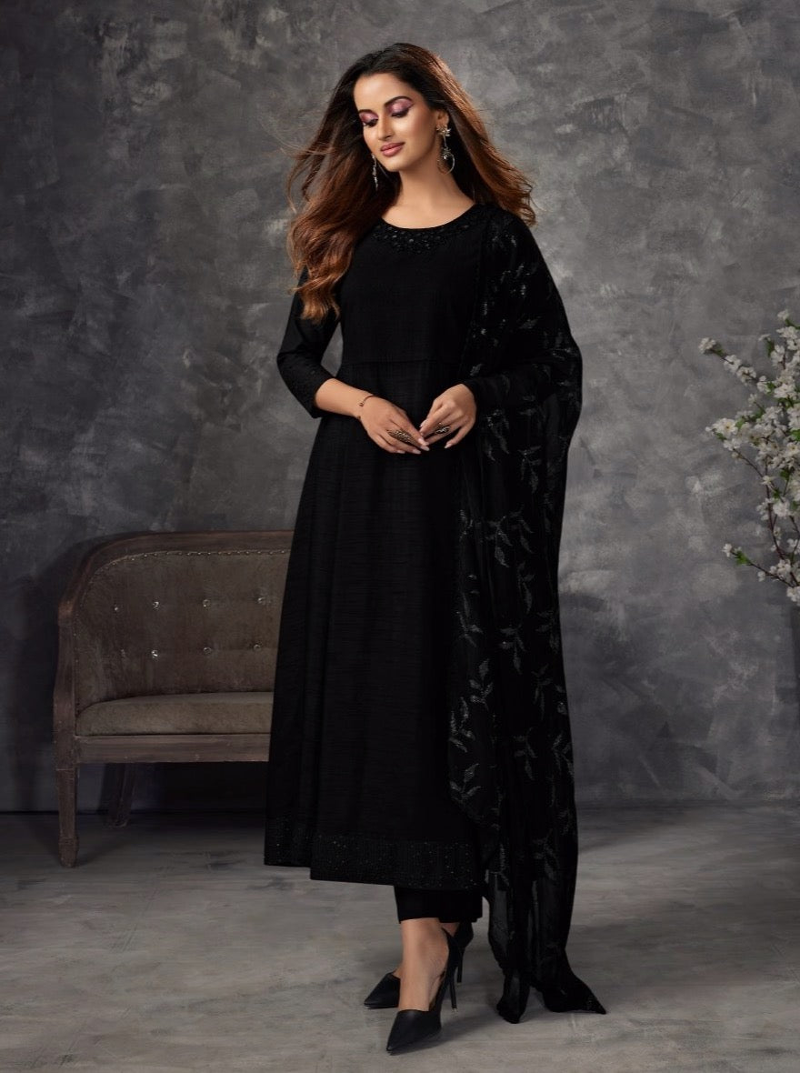 Black Silk Flair Suit Set - Payal