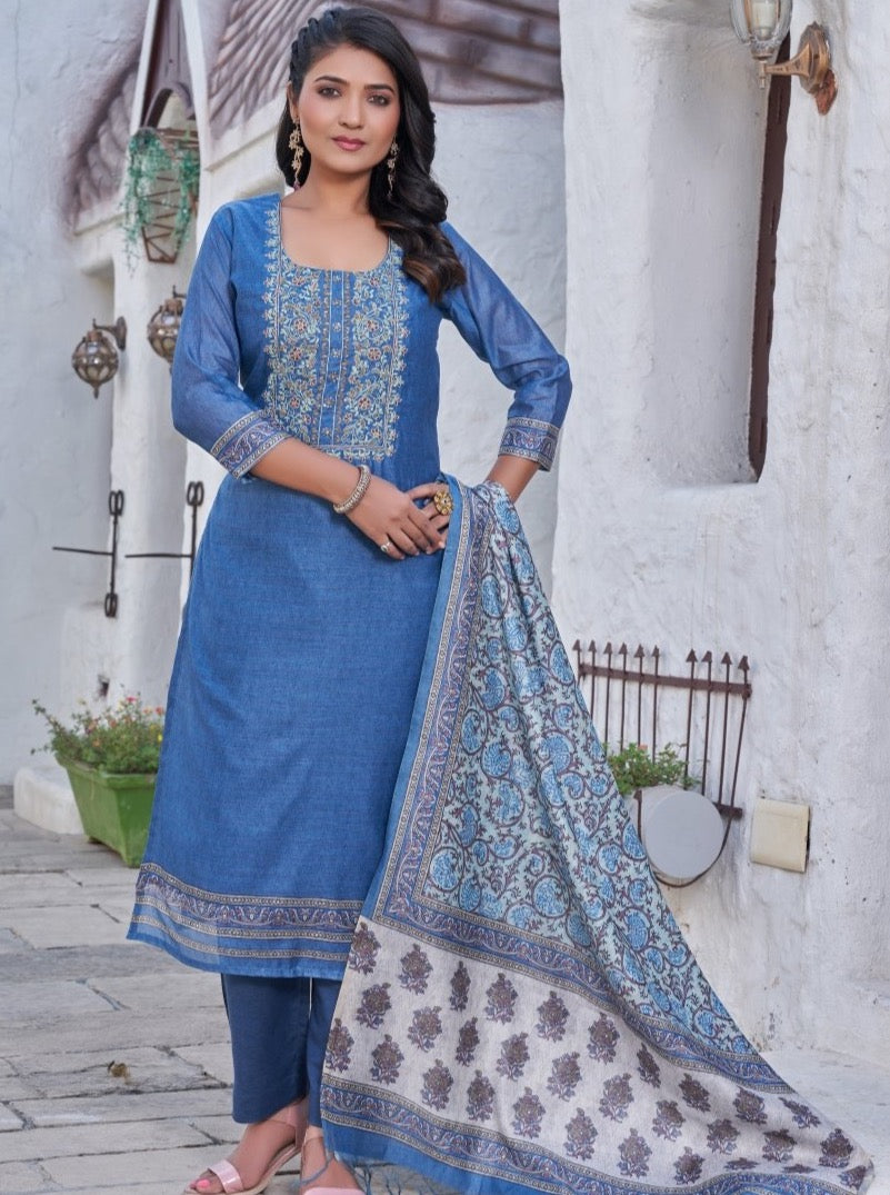 Blue Chanderi Semi Formal Straight Suit Set - Payal