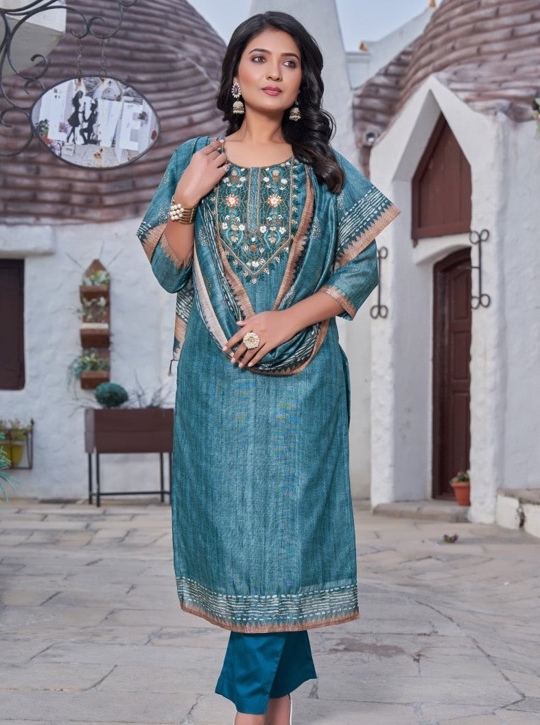 Blue Chanderi Straight Suit Set - Payal