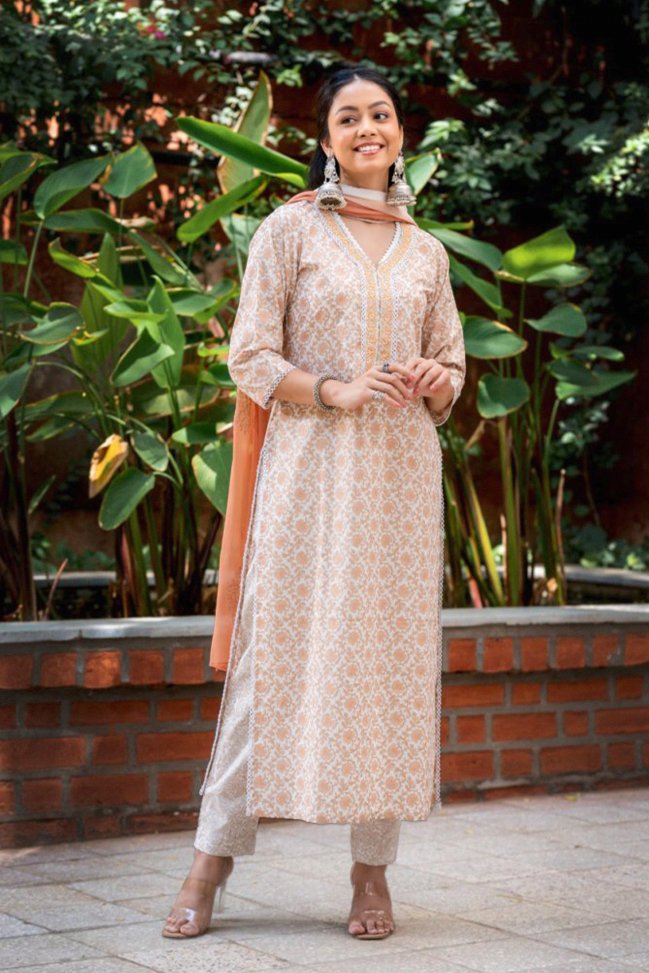 Cambric Cotton Gold Print Suit Set - Payal