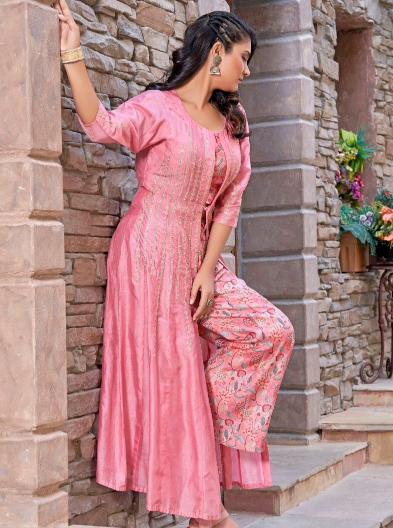 Carrot Muslin Crop-Top With Separate Jacket Set - Payal