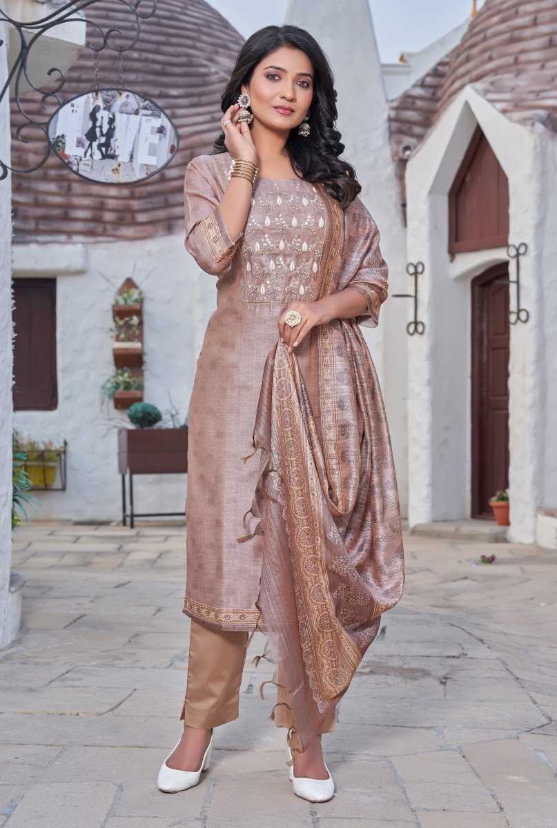 Coffee Art Silk Straight Suit Set - Payal