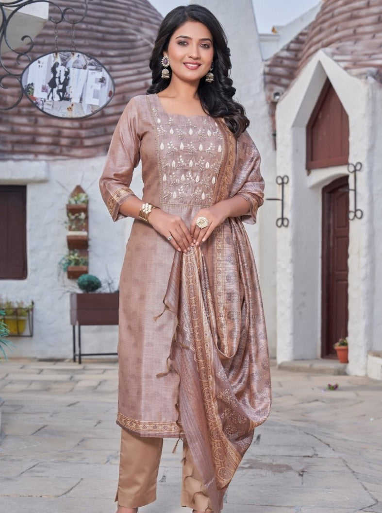 Coffee Art Silk Straight Suit Set - Payal