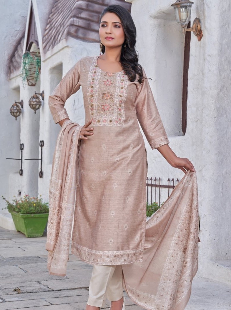 Cream Art Tussar Straight Suit Set - Payal