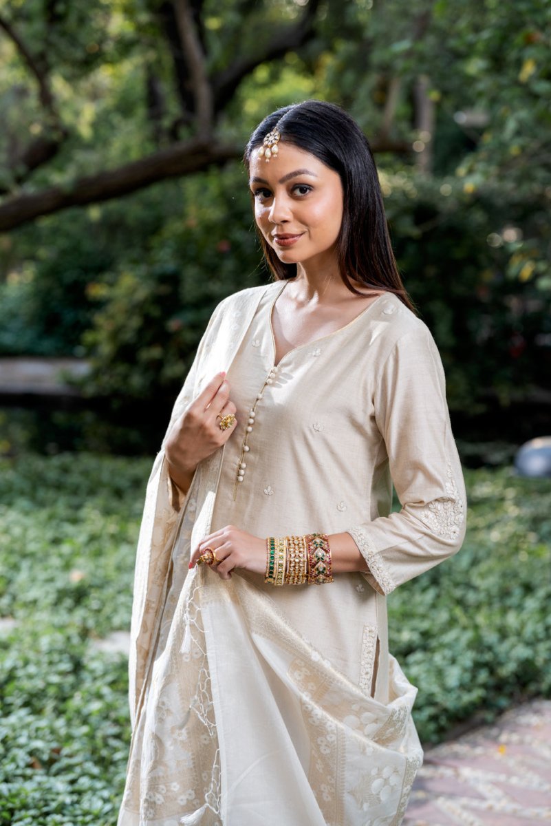 Cream Khadi Silk Suit Set - Payal